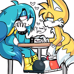 Size: 2048x2048 | Tagged: safe, artist:splatanastampurr, artist:transgenderkitsunami, kit the fennec, miles "tails" prower, 2025, chair, colored version, cute, date, dialogue, duo, english text, gay, heart, holding hands, kitabetes, kitails, lidded eyes, looking at each other, shipping, simple background, smile, table, tailabetes, white background