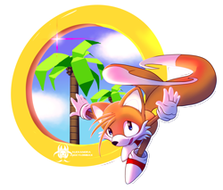 Size: 2264x1930 | Tagged: safe, artist:halolune, miles "tails" prower, 2017, arms out, classic tails, flying, looking at viewer, mouth open, outline, palm tree, portal, ring, signature, simple background, smile, solo, sparkle, spinning tails, transparent background