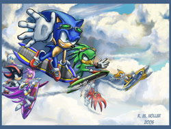 Size: 1024x768 | Tagged: safe, artist:netraptor, amy rose, knuckles the echidna, miles "tails" prower, rouge the bat, shadow the hedgehog, sonic the hedgehog, wave the swallow, 2006, abstract background, clouds, daytime, extreme gear, flying, looking ahead, looking at them, looking offscreen, outdoors, signature, smile, sonic riders