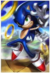 Size: 495x729 | Tagged: safe, artist:jimbobox, sonic the hedgehog, 2013, abstract background, clouds, daytime, lineless, looking offscreen, mid-air, obtrusive watermark, outdoors, ring, signature, smile, solo, watermark