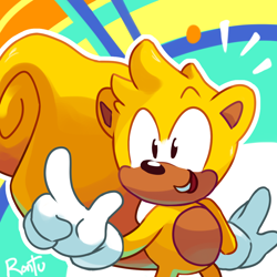 Size: 1000x1000 | Tagged: safe, artist:rontufox, ray the flying squirrel, sonic mania, 2018, abstract background, looking offscreen, mouth open, outline, pointing, signature, smile, solo, standing