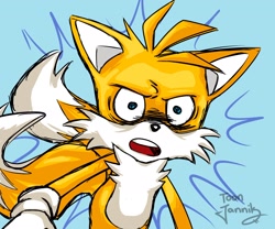 Size: 2048x1707 | Tagged: safe, artist:toontoxicjnny, miles "tails" prower, 2020, blue background, faic, looking offscreen, meme, redraw, signature, simple background, solo, standing, tails gets trolled