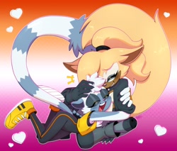 Size: 2048x1742 | Tagged: safe, artist:toxicsoul77, tangle the lemur, whisper the wolf, 2023, blushing, cute, duo, eyes closed, heart, heart tail, hugging, lesbian, lesbian pride, outline, pride, pride flag background, shipping, signature, smile, tangle x whisper, tangle's running suit, whispabetes