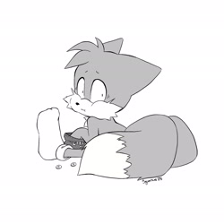 Size: 2048x2048 | Tagged: safe, artist:squorkalart, miles "tails" prower, 2025, eating, flat colors, food, greyscale, looking at viewer, looking back, looking back at viewer, mint candy, monochrome, shoes off, shrunken pupils, signature, simple background, sitting, socks, solo, that fox sure loves mint candy, white background