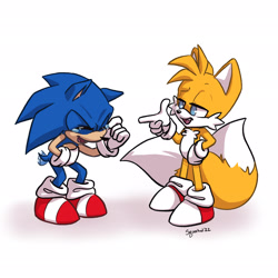 Size: 2048x2048 | Tagged: safe, artist:squorkalart, miles "tails" prower, sonic the hedgehog, 2022, bending over, crying, duo, eyes closed, hand on hip, holding stomach, laughing, lidded eyes, looking at them, one fang, pointing, shadow (lighting), simple background, smile, standing, tears, tears of laughter, wagging tail, white background