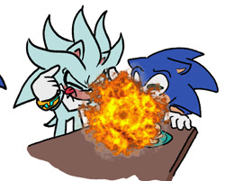 Size: 1045x842 | Tagged: safe, artist:mstormcloud, silver the hedgehog, sonic the hedgehog, 2025, cute, duo, english text, explosion, eyes closed, flat colors, food, holding something, looking at something, mouth open, pancake, plate, simple background, sonabetes, table, tongue out, trans male, transgender, white background