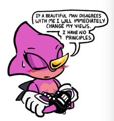 Size: 1292x1375 | Tagged: safe, artist:mstormcloud, espio the chameleon, 2025, arms folded, blushing, dialogue, english text, eyes closed, flat colors, gay, mouth open, simple background, solo, speech bubble, sweatdrop, top surgery scars, trans male, transgender, white background