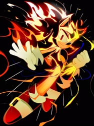 Size: 1536x2048 | Tagged: safe, artist:kuroiyuki96, sonic the hedgehog, super sonic, 2025, black background, clenched fist, flying, looking at viewer, simple background, smile, solo, super form