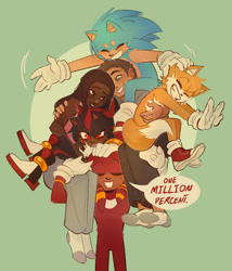 Size: 1354x1582 | Tagged: safe, artist:lara-cairncross, knuckles the echidna, maddie wachowski, miles "tails" prower, shadow the hedgehog, sonic the hedgehog, tom wachowski, human, sonic the hedgehog 3 (film), abstract background, beanbrows, carrying them, clenched teeth, cute, dialogue, english text, eyes closed, family, group, knucklebetes, maddiebetes, shadowbetes, smile, sonabetes, speech bubble, tailabetes, tomabetes