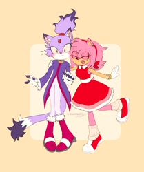 Size: 1711x2047 | Tagged: safe, artist:rainofghosts, amy rose, blaze the cat, 2025, amy x blaze, amybetes, arm around shoulders, blazebetes, blushing, cute, duo, eyes closed, fingerless gloves, lesbian, shipping, signature, smile, standing, standing on one leg, surprised