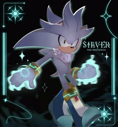 Size: 1898x2048 | Tagged: safe, artist:aze_mtz0, silver the hedgehog, 2025, abstract background, character name, frown, looking at viewer, solo, sparkles