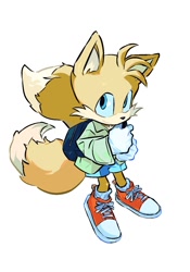 Size: 960x1372 | Tagged: safe, artist:mugua_0, miles "tails" prower, 2025, backpack, clothes, cute, holding something, jacket, looking at viewer, looking up, looking up at viewer, shorts, smile, sneakers, solo, standing