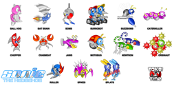 Size: 2000x1000 | Tagged: safe, artist:tokeitime, buzz bomber, caterkiller, moto bug, sonic the hedgehog (1991), 2011, badnik, ball hog, bat brain, bomb (badnik), burrobot, character name, chopper, crabmeat, group, jaws, newtron, orbinaut, robot, roller, signature, simple background, spikes, splats, white background