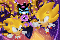 Size: 1024x683 | Tagged: safe, artist:leifii, sonic the hedgehog, super sonic, 2018, abstract background, classic sonic, flying, lineless, mid-air, self paradox, signature, smile, sonic generations, super form, time eater, trio