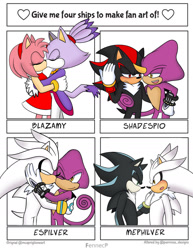 Size: 1400x1810 | Tagged: safe, artist:fennecp, amy rose, blaze the cat, espio the chameleon, mephiles the dark, shadow the hedgehog, silver the hedgehog, 2025, amy x blaze, blushing, four fanarts, gay, group, holding them, kiss, kiss on cheek, lesbian, mephilver, shadpio, ship name, shipping, signature, silvio