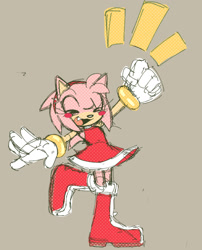 Size: 1126x1393 | Tagged: safe, artist:bestjeanistmonster, amy rose, 2025, amybetes, beige background, blushing, clenched fist, cute, eyes closed, mouth open, one fang, simple background, sketch, smile, solo, standing on one leg