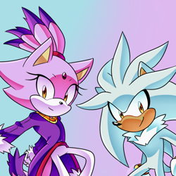 Size: 576x576 | Tagged: safe, artist:nannelflannel, blaze the cat, silver the hedgehog, 2019, duo, gradient background, looking at viewer, shading practice, smile