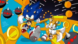 Size: 1920x1080 | Tagged: safe, artist:grandbilal21, miles "tails" prower, sonic the hedgehog, sonic the hedgehog 2, 2023, abstract background, bomb, clenched fists, clenched teeth, duo, looking at viewer, modern sonic, modern tails, mouth open, ring, running, signature, smile, special stage, youtube link in description