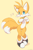 Size: 1200x1800 | Tagged: safe, artist:ancesra, miles "tails" prower, fox, 2024, bell, bell collar, black shoes, cat behavior, collar, cute, japanese text, looking at viewer, male, paw pose, simple background, smile, solo, standing, tailabetes, text, yellow background