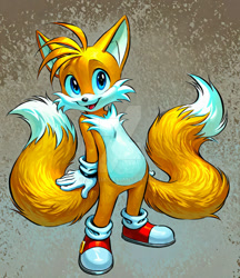 Size: 1024x1185 | Tagged: safe, ai art, miles "tails" prower, 2025, cute, deviantart watermark, looking at viewer, mouth open, obtrusive watermark, prompter:saseia, smile, solo, standing, watermark