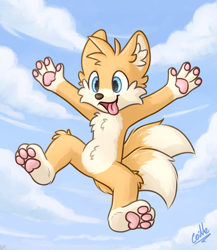 Size: 4000x4600 | Tagged: safe, artist:coillenohy, miles "tails" prower, 2023, abstract background, arms out, barefoot, chest fluff, clouds, cute, daytime, ear fluff, gloves off, leg fluff, looking offscreen, mid-air, mouth open, outdoors, pawpads, paws, signature, smile, solo, tongue out