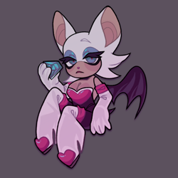 Size: 2000x2000 | Tagged: safe, artist:wtmmheastl, rouge the bat, 2024, chaos emerald, cleavage, grey background, holding something, lidded eyes, looking at viewer, simple background, sitting, solo