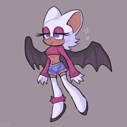 Size: 1500x1500 | Tagged: safe, artist:wtmmheastl, rouge the bat, 2024, alternate outfit, claws, clenched teeth, clothes, grey background, lidded eyes, looking offscreen, midriff, shorts, simple background, smile, solo, sparkles, standing, stockings, sweater, underboob