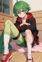 Size: 512x768 | Tagged: safe, ai art, human, asymmetrical legwear, green hair, humanized, jacket, male, manic the hedgehog, red eyes, shirt, shoes, shorts, single leg pantyhose, socks