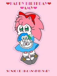 Size: 1536x2048 | Tagged: safe, artist:om_200701, amy rose, sonic the hedgehog, 2024, anniversary, character doll, classic amy, english text, happy birthday, heart, solo