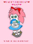Size: 1536x2048 | Tagged: safe, artist:om_200701, amy rose, sonic the hedgehog, 2024, anniversary, character doll, classic amy, english text, happy birthday, heart, solo