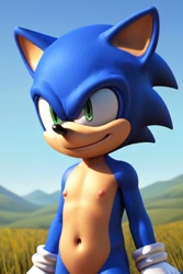 Size: 512x768 | Tagged: safe, artist:doctor_robotskeez, sonic the hedgehog, blue fur, gloves, green eyes, navel, nipples, outdoors, smile, white gloves