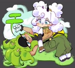Size: 2048x1838 | Tagged: safe, artist:toastchus, lanolin the sheep, surge the tenrec, blushing, hair down, lesbian, speech bubble, surgolin