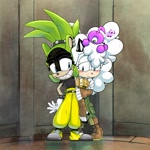 Size: 2160x2160 | Tagged: safe, artist:c0ngatime, lanolin the sheep, surge the tenrec, blushing, magenta wisp, side hug, surgolin