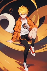 Size: 512x768 | Tagged: safe, ai art, human, asymmetrical legwear, fleetway super sonic, humanized, jacket, male, red eyes, shirt, shoes, shorts, single leg pantyhose, single sock, yellow hair