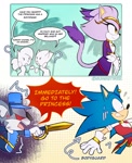 Size: 1662x2048 | Tagged: safe, artist:sunsetbriz, blaze the cat, sonic the hedgehog, comic, english text, female, male, shipping, sonaze, straight