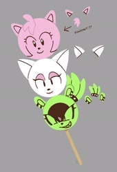 Size: 1391x2048 | Tagged: safe, artist:lynaems, amy rose, rouge the bat, surge the tenrec, 2024, dango, english text, food, grey background, trio