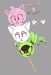 Size: 1391x2048 | Tagged: safe, artist:lynaems, amy rose, rouge the bat, surge the tenrec, 2024, dango, english text, food, grey background, trio