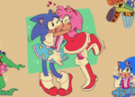 Size: 1280x919 | Tagged: safe, artist:mushtoons, amy rose, sonic the hedgehog, hedgehog, duo, female, gender swap, half r63 shipping, lesbian