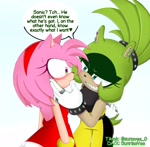 Size: 2048x2009 | Tagged: safe, artist:sunrisevee, amy rose, surge the tenrec, blushing, dialogue, flirting, hand on cheek, lesbian, shipping, surgamy