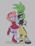 Size: 741x978 | Tagged: safe, artist:bonehearts, amy rose, surge the tenrec, duo, female, finger under chin, flirting, hand on hip, lesbian, shipping, surgamy