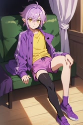 Size: 512x768 | Tagged: safe, ai art, espio the chameleon, human, asymmetrical legwear, humanized, jacket, male, purple hair, shirt, shoes, shorts, single sock, single thighhigh, yellow eyes