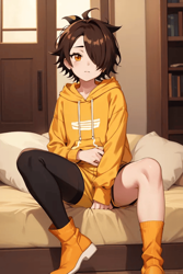 Size: 512x768 | Tagged: safe, ai art, charmy bee, human, asymmetrical legwear, boots, brown hair, hair over one eye, hoodie, humanized, male, orange eyes, shorts, single leg pantyhose, single leg warmer