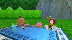 Size: 1366x768 | Tagged: safe, artist:undeadponysoldier, charmy bee, bee, chao, human, 3d, basket, best friends, chao kindergarten, crossover, food, fruit, garry's mod, gmod, group, hanging out, human male, male, mask, picnic, shirtless, spy, spy (tf2), team fortress 2, topless