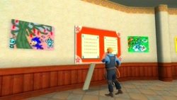 Size: 1366x768 | Tagged: safe, artist:undeadponysoldier, sonic the hedgehog, chao, hedgehog, human, sonic adventure 2, 3d, bulletin board, chao kindergarten, crossover, drawing, engineer, garry's mod, gmod, human male, male, solo, solo focus, team fortress 2