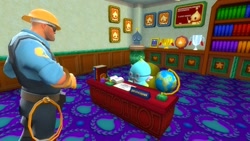 Size: 1366x768 | Tagged: safe, artist:undeadponysoldier, chao, human, sonic adventure 2, 3d, beard, book, chao kindergarten, crossover, desk, engineer, facial hair, garry's mod, globe, gmod, male, mustache, office, principle, team fortress 2, trophy