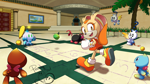 Size: 1920x1080 | Tagged: safe, artist:peachyowlart, cheese (chao), cream the rabbit, chao, rabbit, sonic adventure, dark chao, female, group, happy, hero chao, indoors, looking at viewer, sonic adventure dx, station square