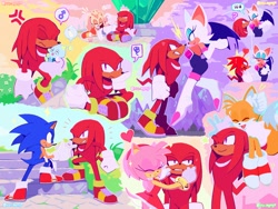 Size: 2000x1500 | Tagged: safe, artist:k2y_agogo, cream the rabbit, knuckles the echidna, miles "tails" prower, rouge the bat, sonic the hedgehog, chao