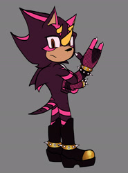 Size: 2048x2762 | Tagged: safe, artist:shad0wthe3dge, oc, oc:shaden the hedgehog, hedgehog, hybrid, boots, chameleon, fankid, fishnets, grey background, magical gay spawn, parent:espio, parent:shadow, parents:shadpio, simple background, solo, spiked bracelet