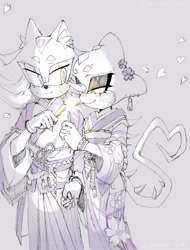 Size: 1560x2048 | Tagged: safe, artist:callisto-lune, espio the chameleon, shadow the hedgehog, duo, gay, grey background, kimono, monochrome, shadpio, shipping, simple background, smile, standing