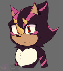 Size: 956x1078 | Tagged: safe, artist:shad0wthe3dge, espio the chameleon, shadow the hedgehog, oc, oc:shaden the hedgehog, hedgehog, hybrid, chameleon, fankid, grey background, magical gay spawn, parent:espio, parent:shadow, parents:shadpio, simple background, solo